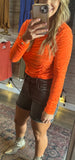 Ruched Sleeve & Bodice Power T orange mesh top